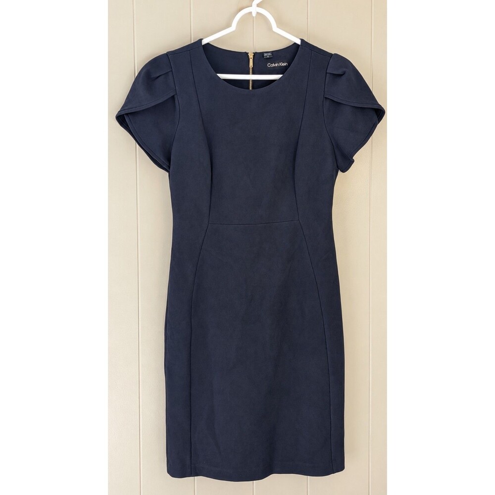 Calvin Klein Navy Blue Suede Sheath Dress Size 10 Short Sleeve Zip Closure